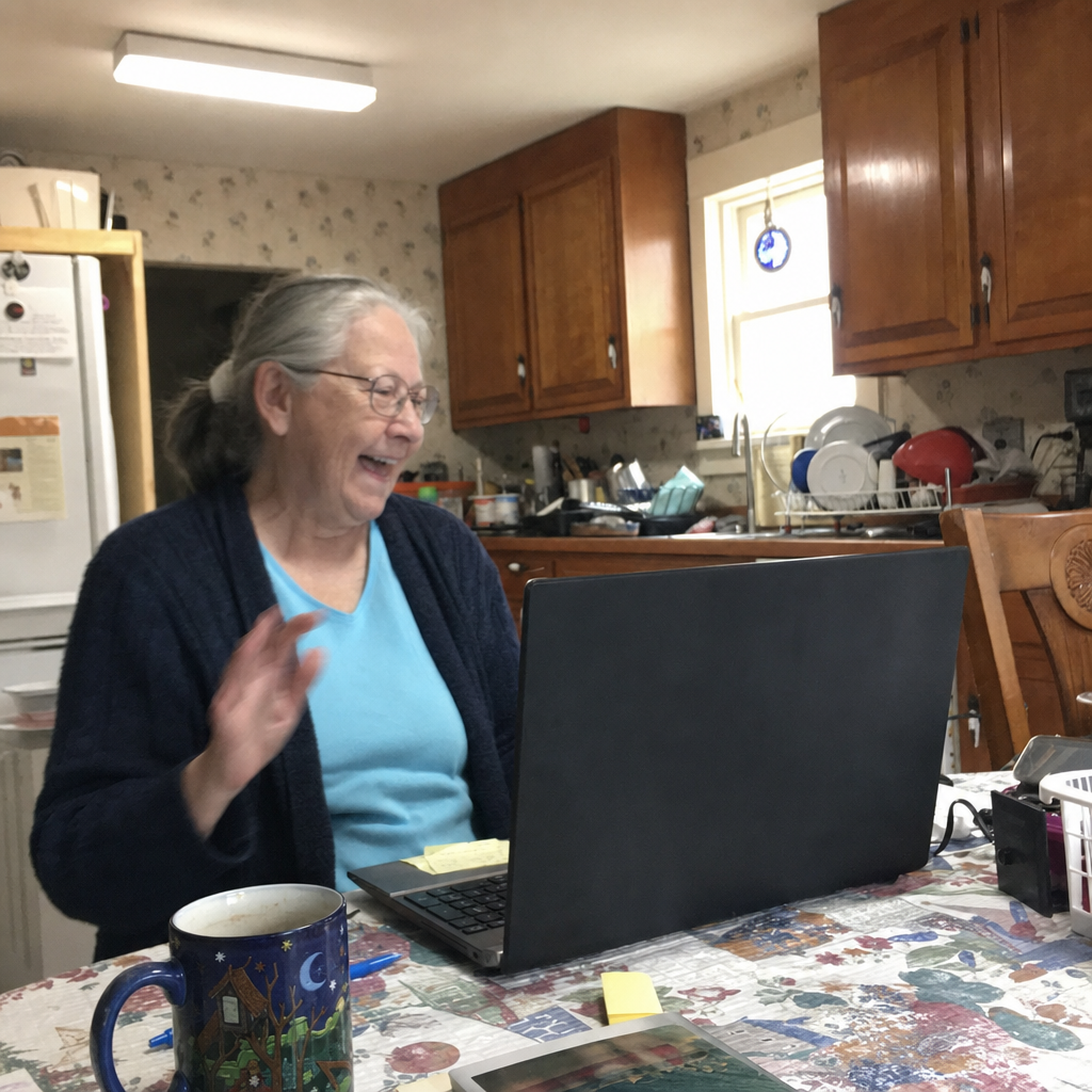 A grandmother laughing on a video call